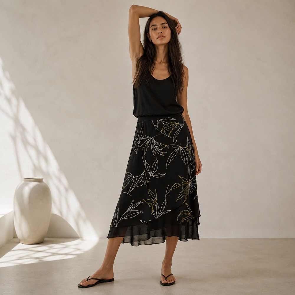 Black Floral‎ Midi Skirt Size L Layered Hem Boho Chic Fairy Minimalist Art Flowy